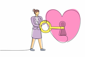 Poster - Single continuous line drawing lovely businesswoman putting big key into heart. Young woman try to unlock her heart. Metaphor love or marriage concept. One line draw graphic design vector illustration