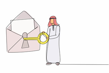 Aufkleber - Single one line drawing Arab businessman putting big key into mail. Digital message protection or email security system. Online personal information. Continuous line design graphic vector illustration