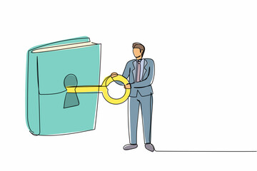 Poster - Continuous one line drawing smart businessman putting big key into book. Office manager open a book, knowledge. Library. The key to new knowledge. Single line draw design vector graphic illustration