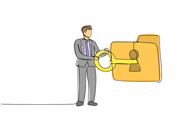 Aufkleber - Single continuous line drawing businessman putting big key into folder. Folder locked with key. Data security. Secret information for success in work. One line draw graphic design vector illustration
