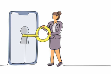 Poster - Single one line drawing businesswoman put key into smartphone. Unlock screen guard. Data privacy for protect internet user. Password device security system. Continuous line design vector illustration
