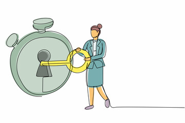 Poster - Continuous one line drawing active businesswoman put key into stopwatch. Time management concept. Effective planning for productive work, deadline project. Single line draw design vector illustration