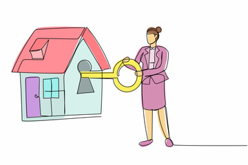 Poster - Single one line drawing businesswoman put key into house. Worker investing money in real estate. Housing loan, property mortgage. Banking plafond. Continuous line design graphic vector illustration