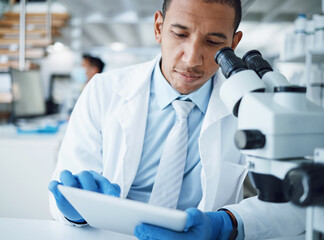 Aufkleber - Microscope, science and man with tablet in laboratory for research, medical analysis and biotechnology. Scientist, microbiology and investigation with digital technology, dna testing and development