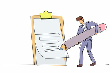 Poster - Single one line drawing attractive businessman mark checklist with pencil. Person completion business task. Goal achievements planning schedule. Continuous line draw design graphic vector illustration