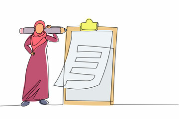 Poster - Single continuous line drawing Arab businesswoman with giant pencil on shoulder. Task done business, nearby clipboard complete checklist and check mark ticks. One line draw design vector illustration