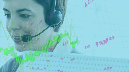Poster - Animation of statistical data processing against happy caucasian woman talking on phone headset
