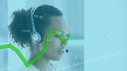 Poster - Animation of statistical data processing over happy african american woman talking on phone headset