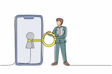 Poster - Single one line drawing businessman putting big key into smartphone. Data privacy for protect internet user. Password and login device security system. Continuous line draw design vector illustration