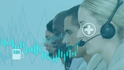 Poster - Animation of statistical data processing against diverse colleagues talking on phone headset