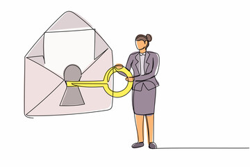 Poster - Single one line drawing businesswoman put key into mail. Internet safety care. Message online security system. Protection personal information. Continuous line draw design graphic vector illustration