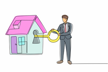 Poster - Single continuous line drawing businessman putting big key into house. People investing money in real estate. House loan, property mortgage concept. One line draw graphic design vector illustration