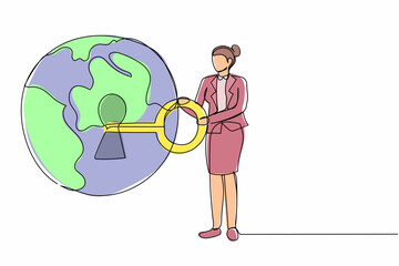 Poster - Single one line drawing businesswoman put key into globe. Security data safety in internet or digital crime. World protection, safety humanity. Continuous line draw design graphic vector illustration