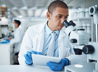 Poster - Microscope analysis, man and laboratory scientist working on healthcare research, pharma project or test sample. Science experiment, tablet and person typing results of hospital check, study or exam