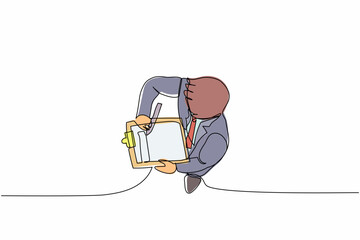 Poster - Single continuous line drawing relaxed Arab businesswoman standing and lean against clipboard. Business plan completed. Goal achievements planning schedule. One line graphic design vector illustration
