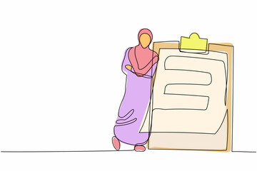 Poster - Single continuous line drawing relaxed Arab businesswoman standing and lean against clipboard. Business plan completed. Goal achievements planning schedule. One line graphic design vector illustration