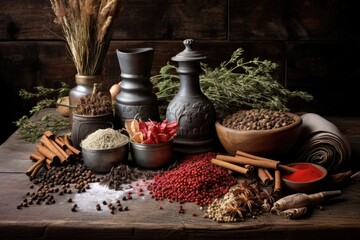 Wall Mural - dried herbs and spices on rustic table