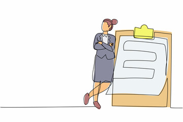 Sticker - Single continuous line drawing relaxed businesswoman standing and lean against clipboard. Successfully completed checklist. Goal achievement planning schedule. One line draw design vector illustration