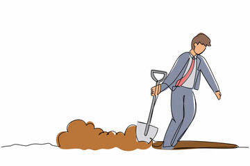 Poster - single one line drawing unhappy businessman walking unsteadily leaving hole dug dragging shovel. exh