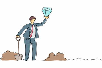 Poster - single continuous line drawing wealthy businessman hold and find diamond from ground. excited treasu