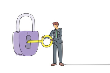 Poster - Continuous one line drawing businessman putting big key into padlock. Unlock business success. Successful career or goal achievement. Secret for success. Single line graphic design vector illustration