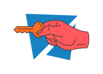 Poster - Woman hand holding golden key access door open concept of solution idea icon vector flat