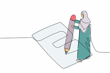 Poster - Single continuous line drawing Arab businesswoman writing survey form on the floor. Female manager filled out checklist on clipboard with giant pencil. One line draw graphic design vector illustration