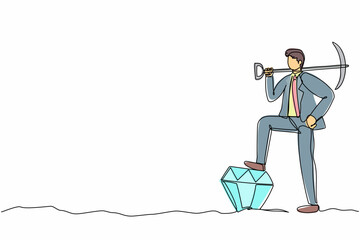 Poster - Single one line drawing businessman holding pickaxe on shoulder and kicking big diamond. Success business achievement exploring concept. Continuous line draw design graphic vector illustration