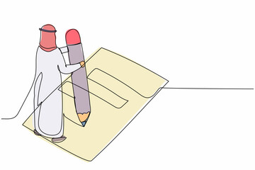 Poster - Single one line drawing Arabian businessman writing survey form on the floor. Office worker filled out checklist on clipboard with giant pencil. Continuous line draw design graphic vector illustration