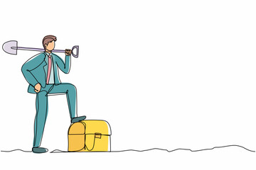 Poster - Continuous one line drawing businessman digging ground with shovel and step on treasure chest. Success business, achievement, and discovery concept. Single line draw design vector graphic illustration