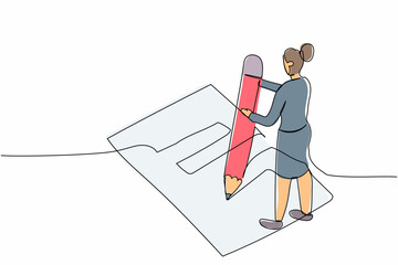 Poster - Continuous one line drawing businesswoman filled out questionnaire on the floor. Worker writes test on clipboard with giant pencil. Standing near checklist. Single line draw design vector illustration