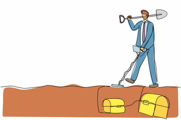 Poster - Continuous one line drawing businessman with shovel and metal detector looking for treasure chest. Worker treasure seeker finding precious jewel. Single line draw design vector graphic illustration