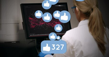 Poster - animation of like icon floating over caucasian senior female scientist using computer at laboratory