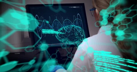 Poster - animation of data processing over caucasian senior female scientist using computer at laboratory