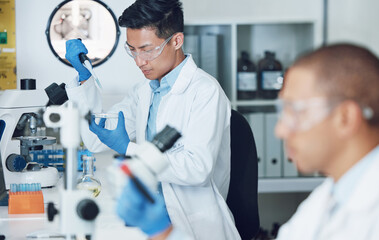 Poster - Science laboratory, pipette and scientist people working on healthcare research, medical investigation or pharmaceutical. Lab sample, DNA analysis and team work on hospital experiment, test or exam