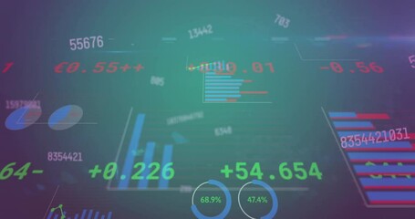 Canvas Print - Animation of changing numbers, statistical, stock market data processing on blue gradient background