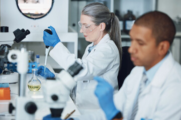 Poster - Laboratory research, pipette and scientist team working on biotechnology, chemistry investigation or pharmaceutical. Lab sample, vaccine analysis and people work on scientist experiment, test or exam