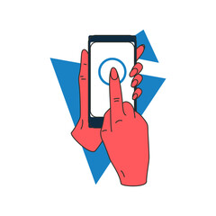 Poster - Woman finger click button touchscreen smartphone display concept digital technology icon vector flat