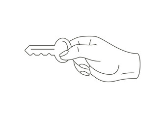 Poster - Woman hand holding key for open lock door entrance minimal line art icon vector illustration