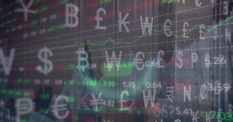 Poster - Animation of security padlock icon, currency symbols, stock market data processing against cityscape