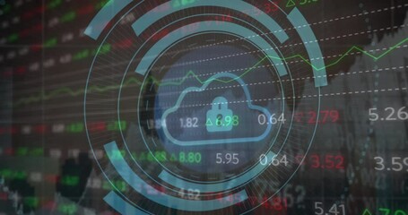 Poster - Animation of security padlock and cloud icon against stock market data processing and cityscape
