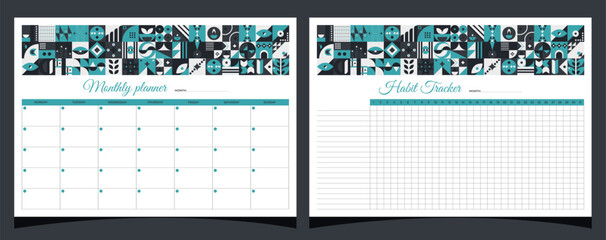 Wall Mural - Planners set geometry. Monthly and habit tracker planners. Planners printable template with geometric shapes. Blank white notebook page A4. Vector illustration.