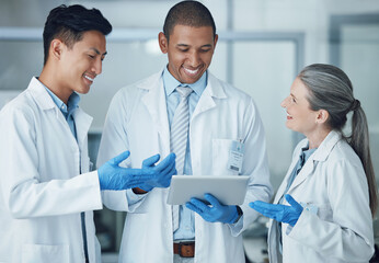 scientist, smile and tablet teamwork in science laboratory for medical research, collaboration and t