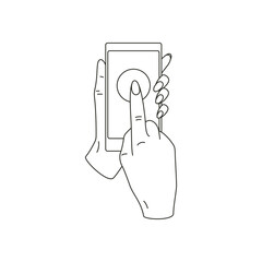 Poster - Woman user hand click circle button on smartphone touch screen minimalist line art icon vector