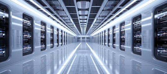 Fototapete - Futuristic server machine room. Generative AI technology.