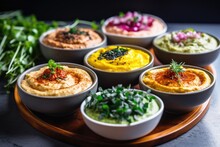 Various Flavored Hummus Bowls Side By Side In A Row
