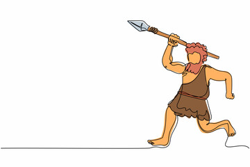Poster - Single continuous line drawing angry hungry primitive caveman chasing running hunting animal with stone spear. Caveman of prehistoric era with weapon. One line draw graphic design vector illustration