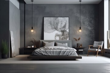 Wall Mural - Banner in a grey bedroom with a bed, wall paneling, a coffee table for the armchair, a rug, a pendant lamp, and a concrete floor. a notion for a contemporary home design. Generative AI