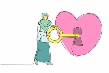 Poster - Continuous one line drawing lovely Arabian businesswoman putting big key into heart. Invitation wedding or marriage concept. Woman try to unlock her heart. Single line draw design vector illustration
