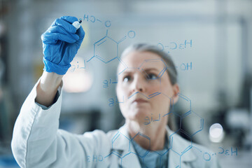 Aufkleber - Research, solution and writing with woman in laboratory for medical, analysis and planning. Pharmacy, healthcare and medicine with scientist and brainstorming for chemistry, science and vaccine